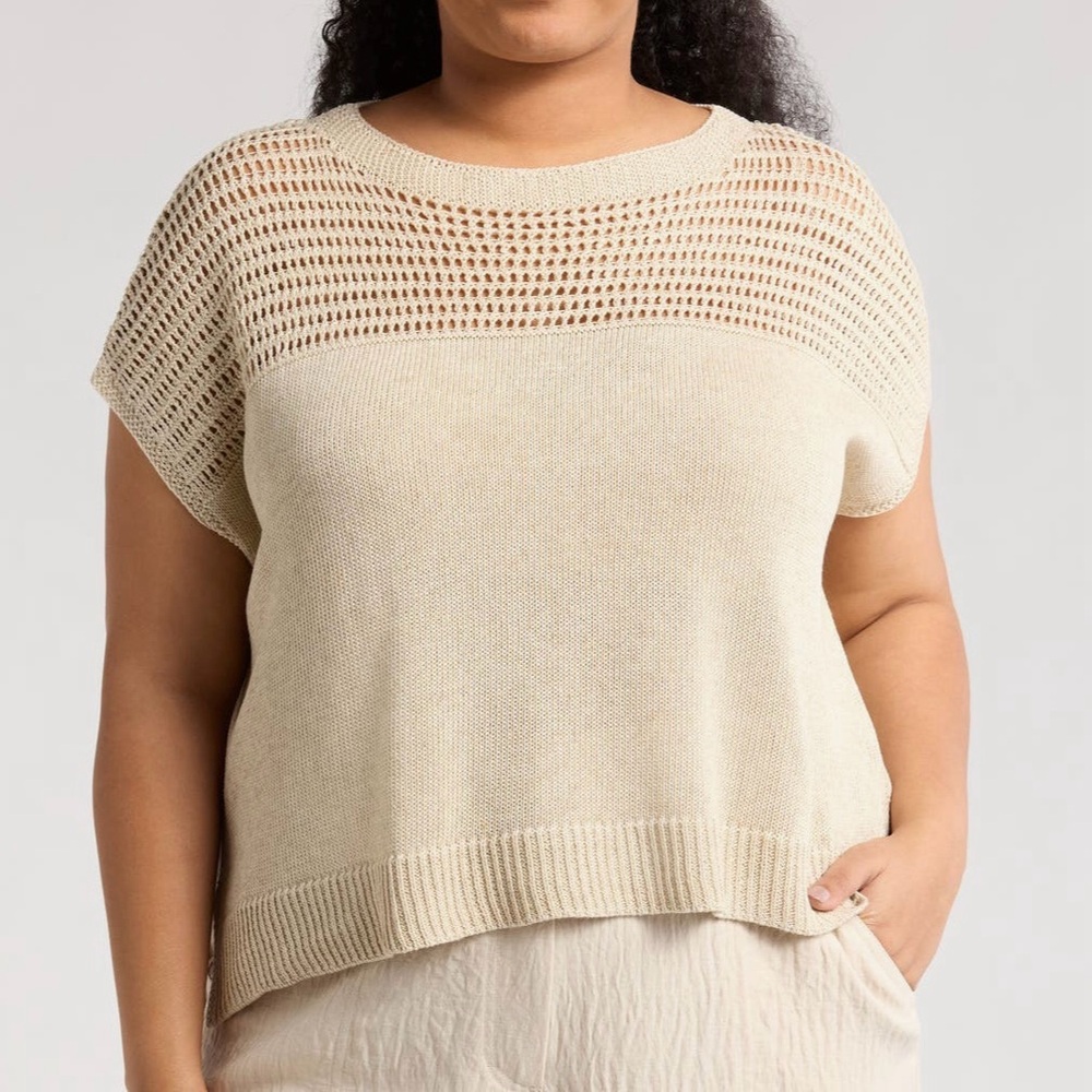 🟤NWT! MAX STUDIO Plus Open Weave Dolman Linen/Tencel Blend Sweater in Oyster 1X